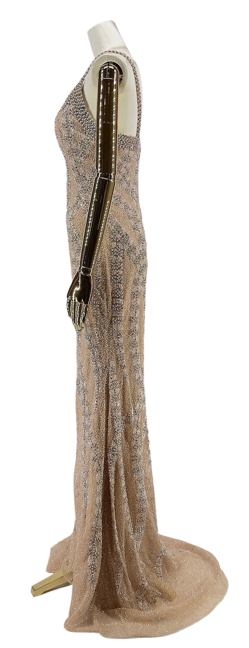 Sidevisning af Krystalklar Gallakjole fra DressDesires, fremhæver den figursyede silhuet og den elegante flow i kjolen, designet til særlige lejligheder.